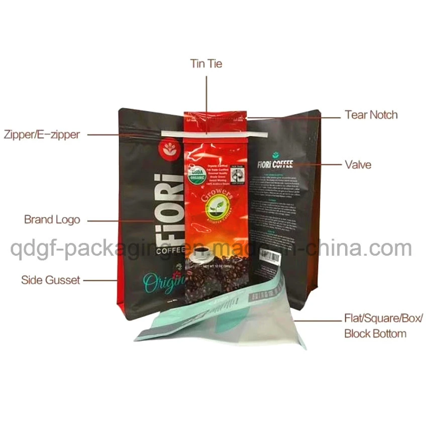 Plastic Food Packaging Box Bottom Bag with Zip Lock for Coffee Packaging
