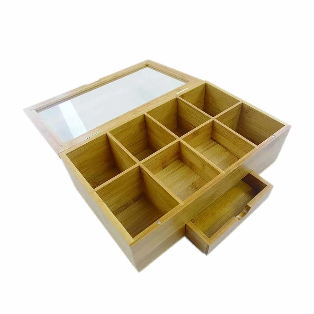 Wood Bamboo Tea Storage Bag Box Organizer Holder Sorter Box Compartments with Clear Lid Bb-7103