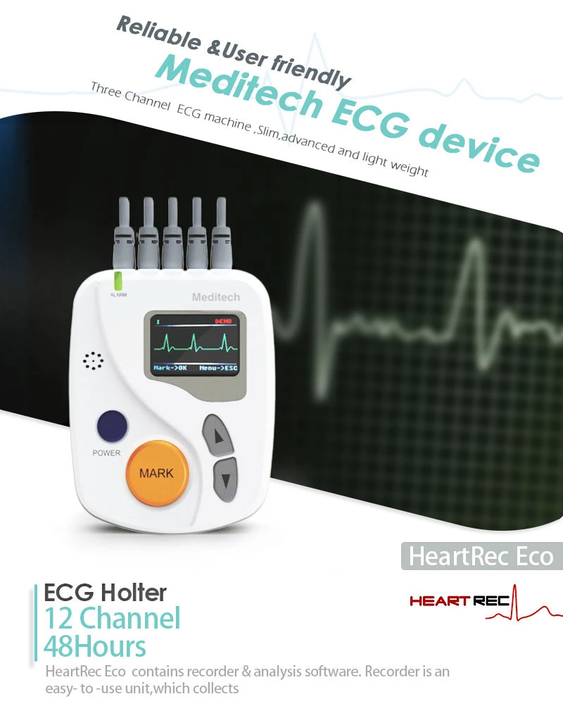 Heartrec Eco Meditech Diagnostic Medical Device ECG EKG Handheld 12lead Portable ECG Holter Monitor for Hosptial and Home. Ce&ISO