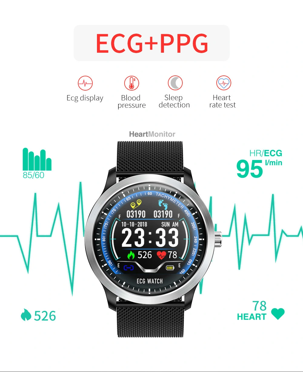 ECG PPG Smart Watch with Electrocardiograph ECG Display, Holter ECG Heart Rate Monitor Blood Pressure Smartwatch
