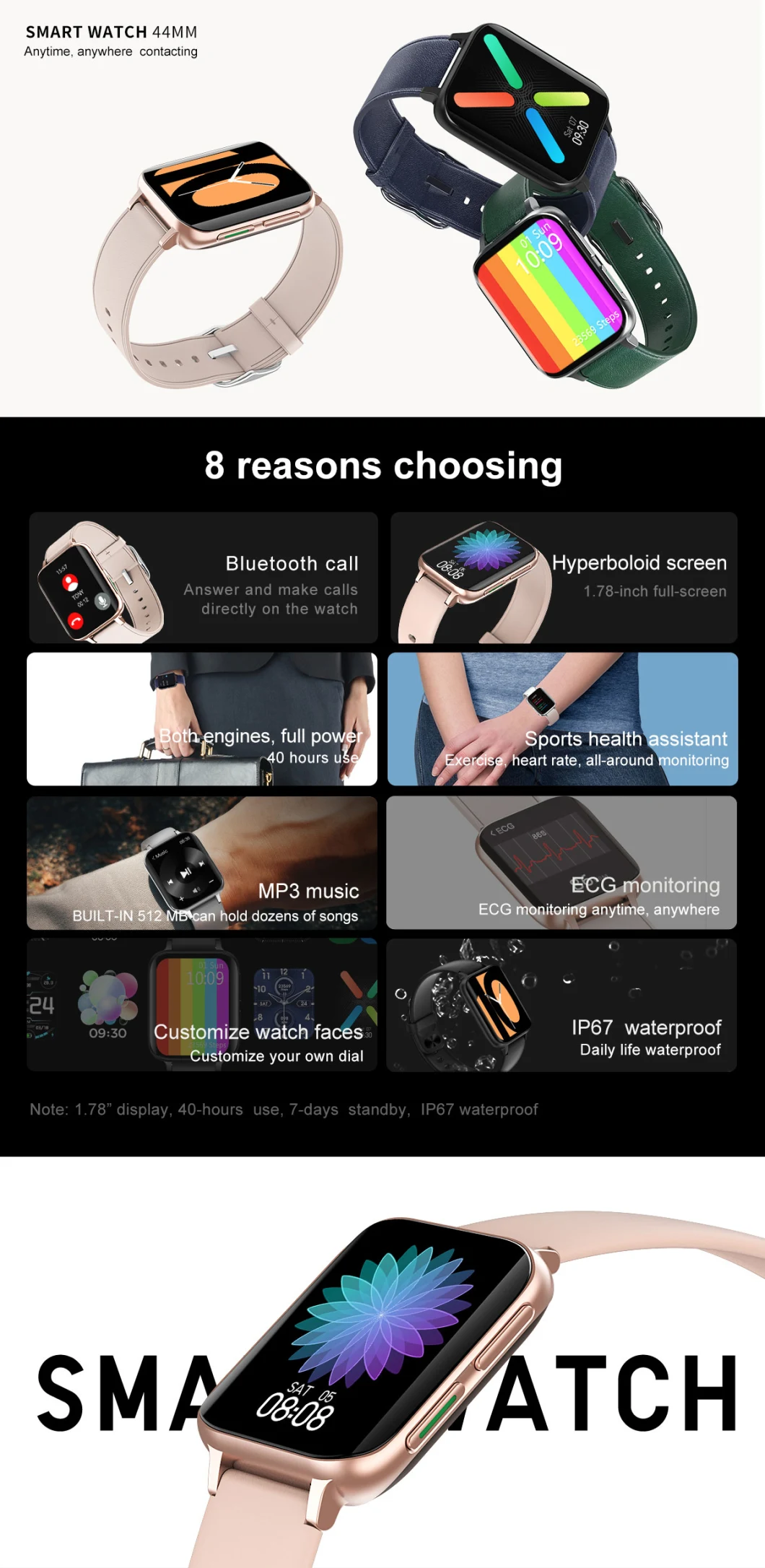 Smartwatch Bluetooth Call 1.78 Inch Display Customize Watch Faces ECG Monitoring Sports Data IP67 Waterproof Smartwatch