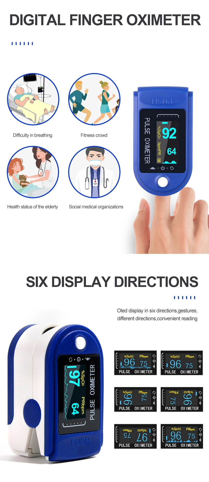 CE&FDA TFT Screen SpO2 Fingertip ECG Pulse Oximeter for Home Use