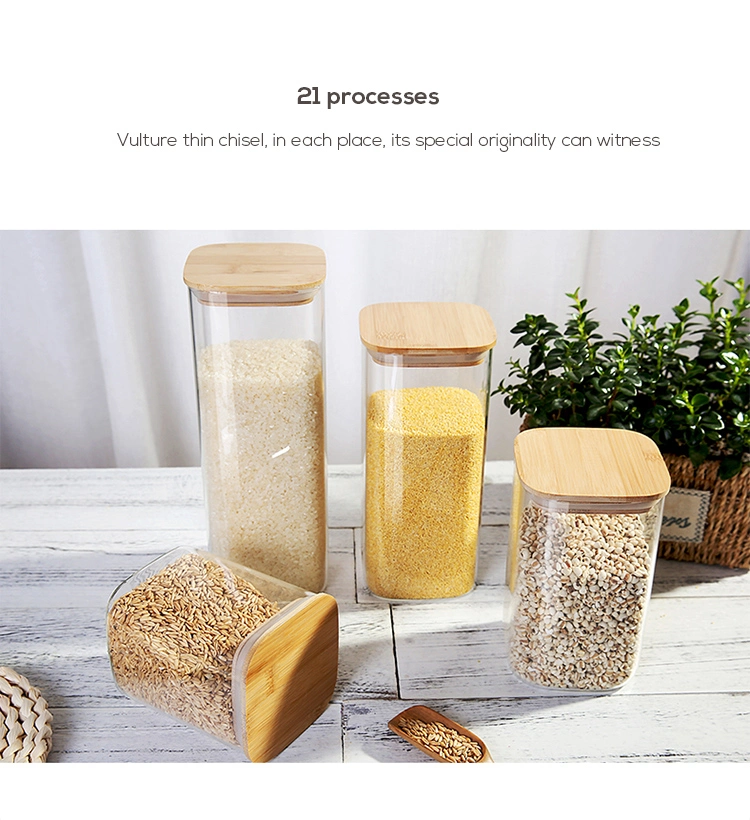 Bamboo Wood Lid Square Food Storage Heat Resistant Glass Jars