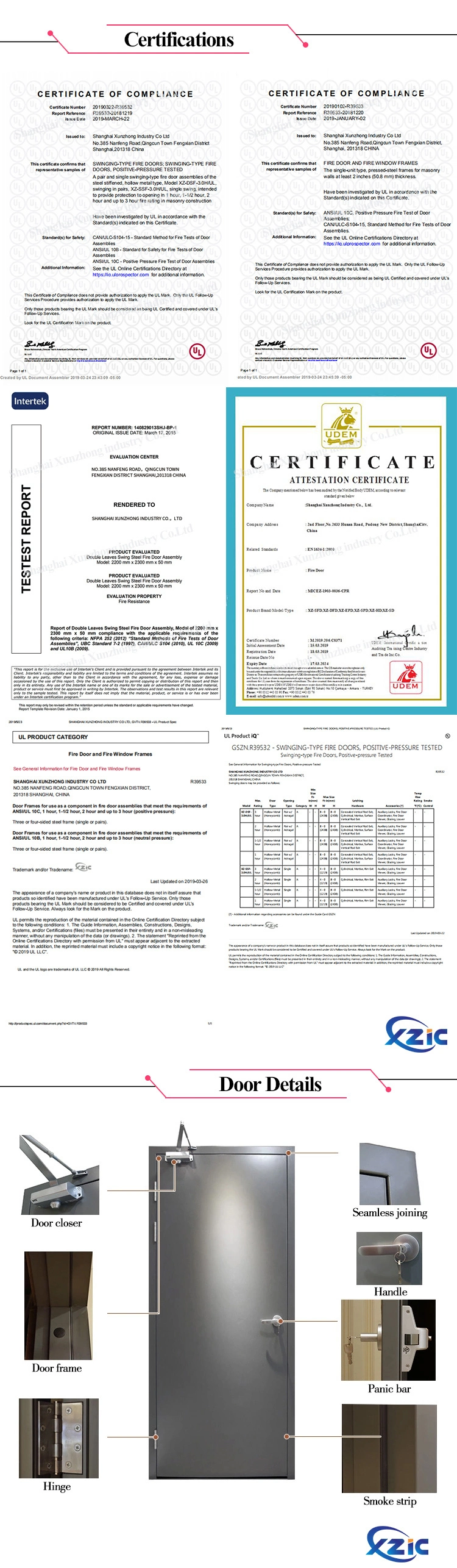 Xzic Emergency Exit Metal Fire-Rated Steel Door Fireproof Steel Door with UL and BS Certificate