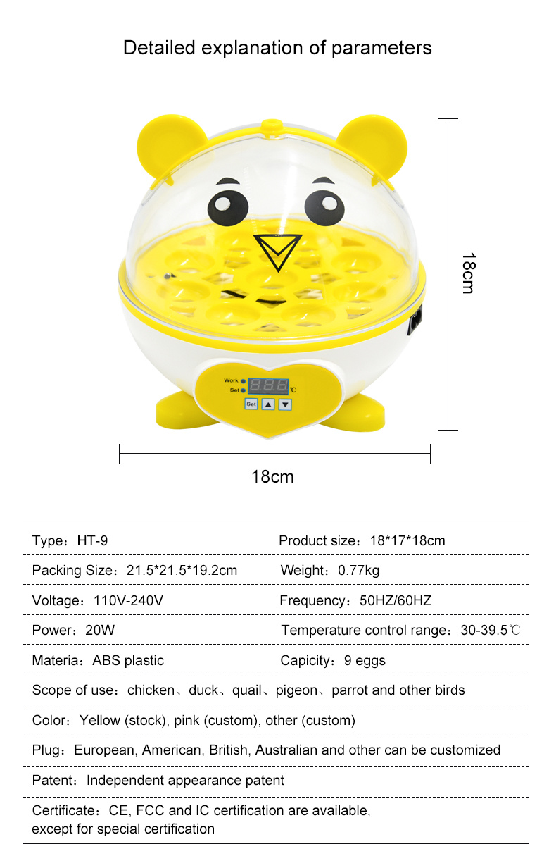 Ht-9 Automatic Mini Eggs Hatching Machine 9 Egg Incubator