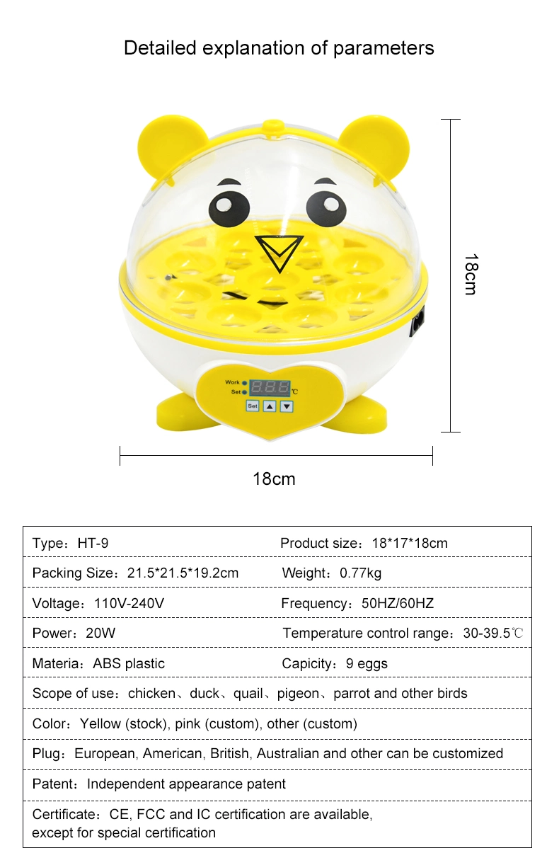 Best Selling Ht-9 Mini Automatic Eggs Incubators for Hatching 9 Eggs