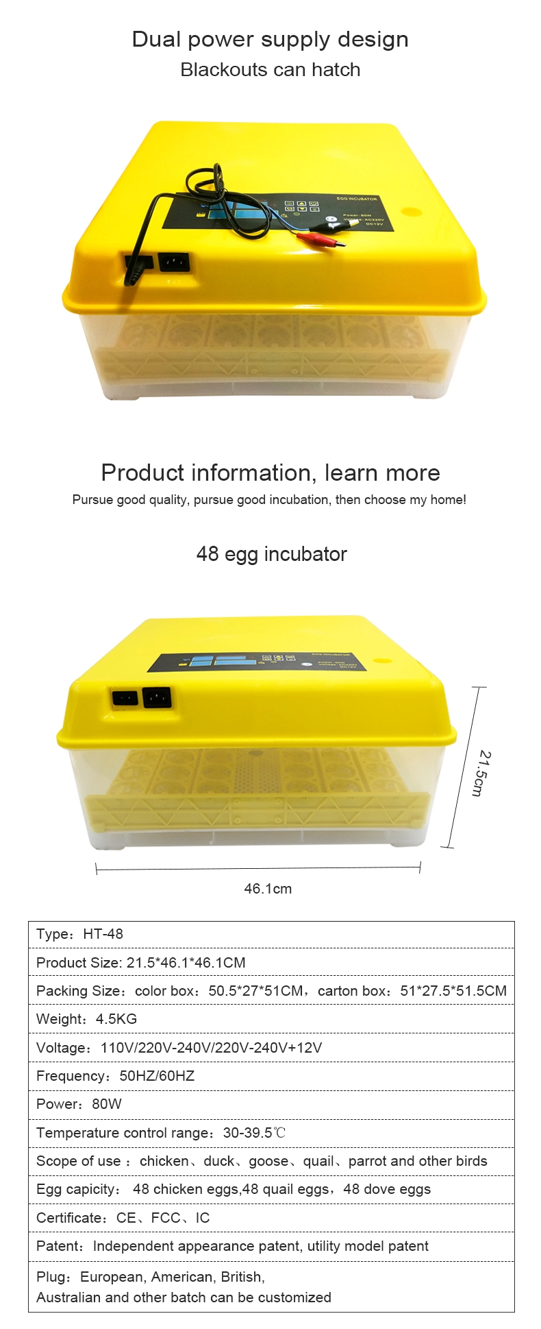 High Quality Automatic Ht-48 Mini Egg Hatching Machine Household 48 Eggs Incubator