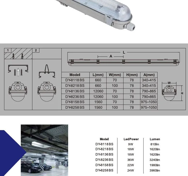 T5 T8 LED Waterproof Light Fluorescent Tube Double Tube or Single Tube Underground Parking