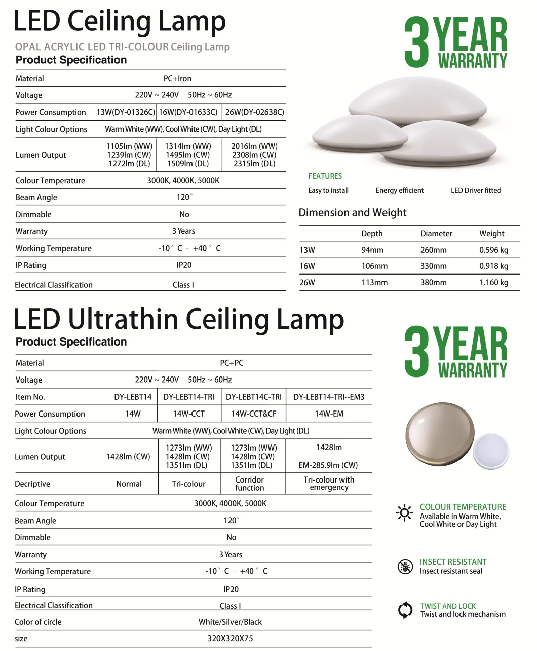 LED Round Ceiling Light Tri-Color IP54 LED Lighting