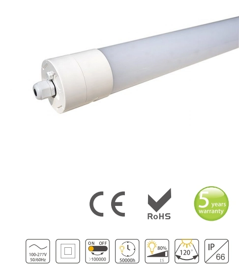 AC220V IP66 Ik08 LED Tubular Tri-Proof Light 40W 60W Round LED Tri-Proof Linear Light