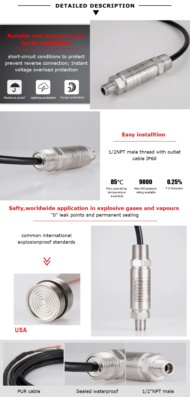 Holykell Factory Hpt200-Ex Anti Explosive Atex Fuel Tank Pressure Sensor