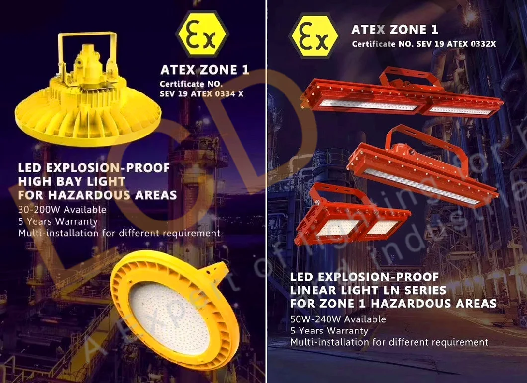 LED Light Explosion Proof Light 40W/50W 080W/100W/150W with Atex UL Certificates Class 1 Division 2 Explosion Proof Floodlight NPT3/4 Pipe Brackets Mounting