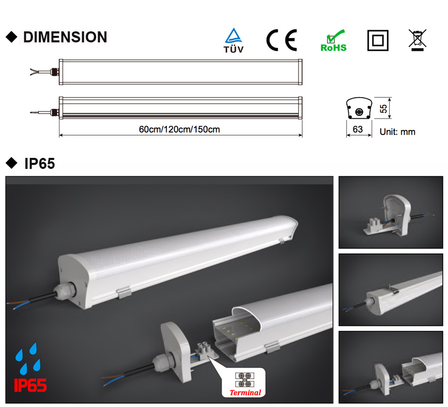IP65 36W LED Tri-Proof Light 1.2m Dust-Proof Light