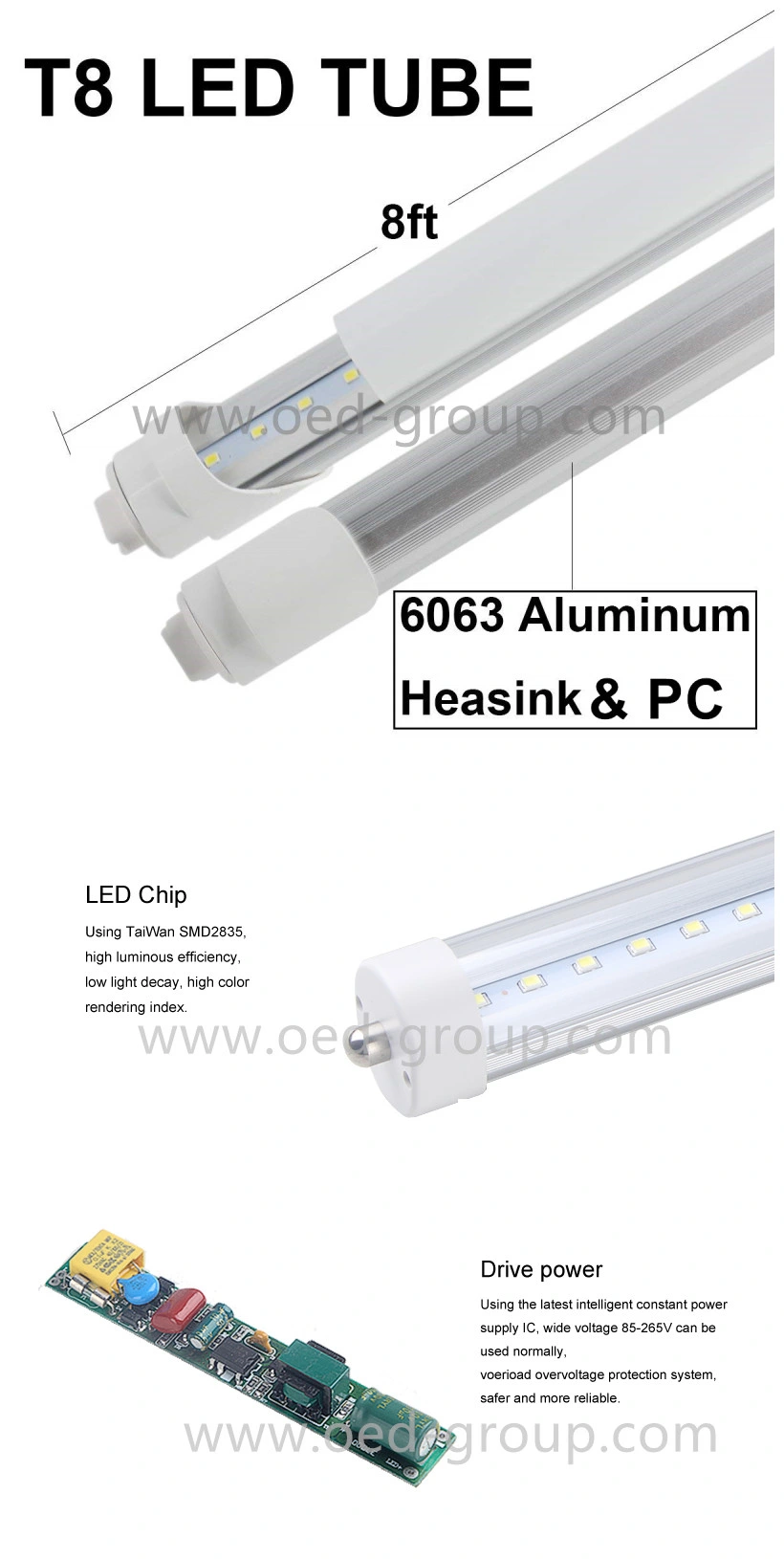 8FT 240cm Aluminum PF. > 0.9 45W R17D LED Tube Light with 2835SMD LED Tube Bulbs