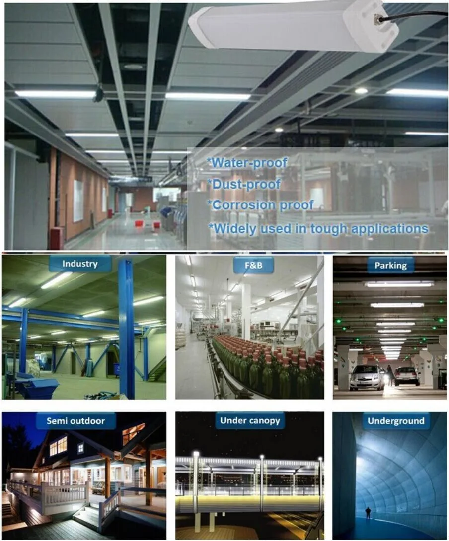 0.6m 20W 1.2m 60W 100lm/W Tri-Proof LED Light Waterproof Linear Tube Light