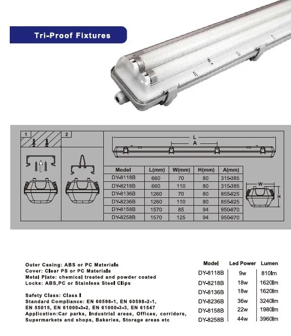 IP65 T8 Fluorescent Light Fixture Cover 2X58W T8/T5 Housing LED Tri-Proof Light Outdoor
