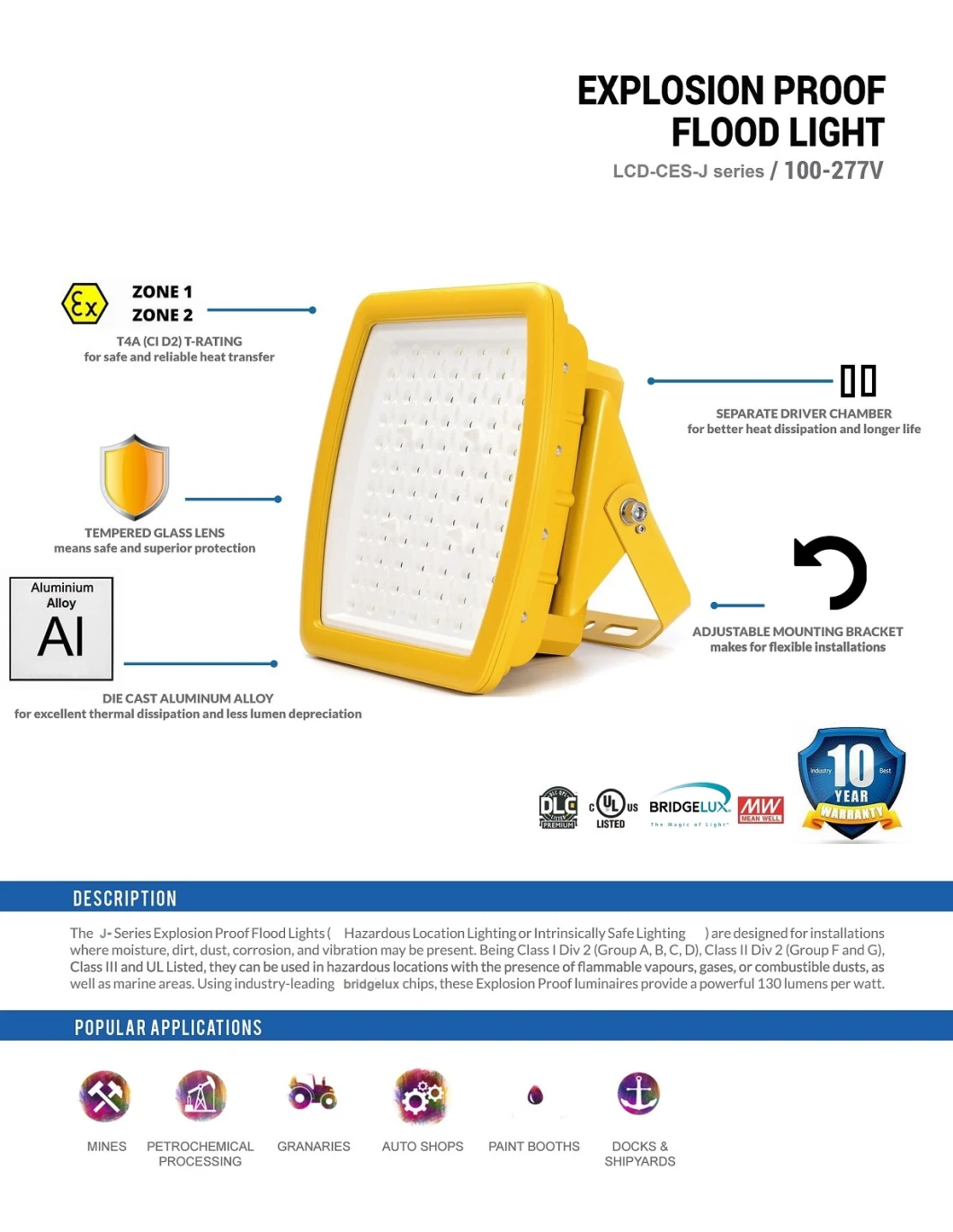 LED Light Explosion Proof Light 40W/50W 080W/100W/150W with Atex UL Certificates Class 1 Division 2 Explosion Proof Floodlight NPT3/4 Pipe Brackets Mounting