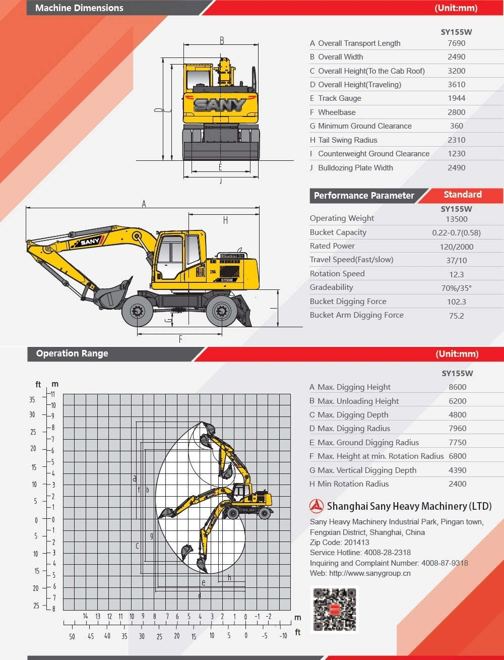 SANY SY155W 15.5 Tons Small Wheel Excavator Digging Equipment
