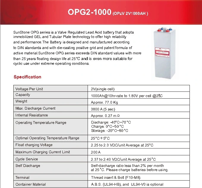 Opzv Battery 2V1000ah Sealed Lead Acid Battery Solar Battery