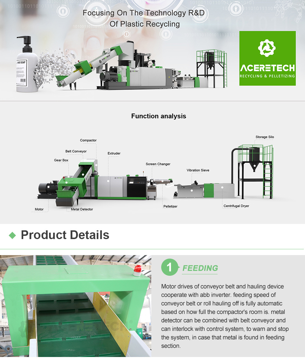 Aceretech PP PE Waste Plastic Recycling Line/Granulating Machine/Pelleting Line