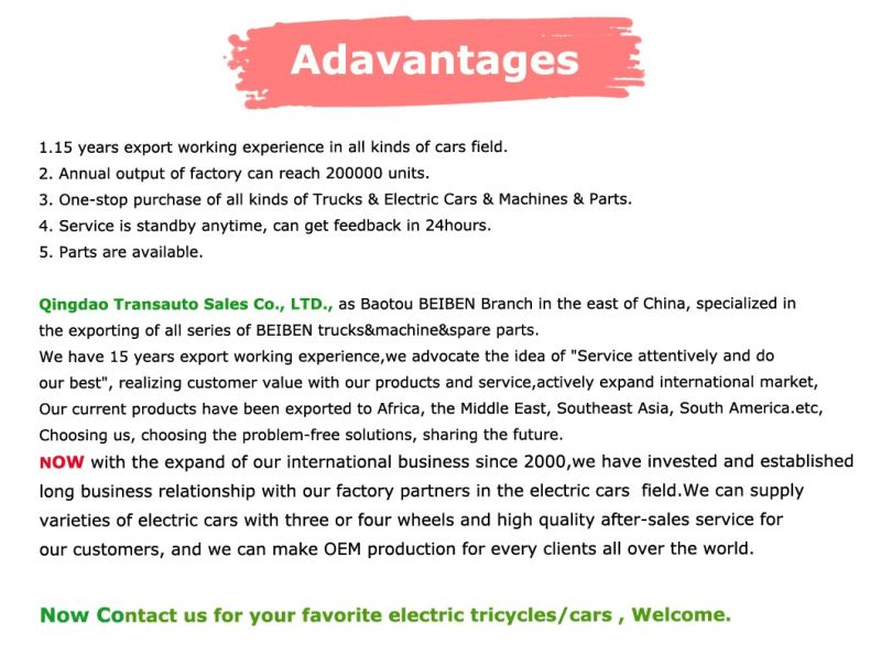Lead Acid Batteries Right Hand Solar Electric Vehicle with Favorable Price