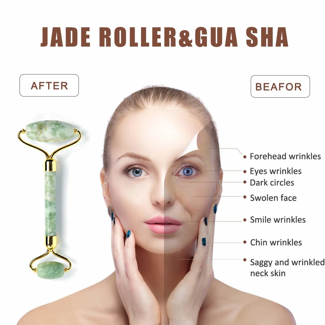 Facial Body Eyes Neck Massager Tool Reduce Wrinkles Aging -Original Natural Jade Stone Jade Roller 2 in 1