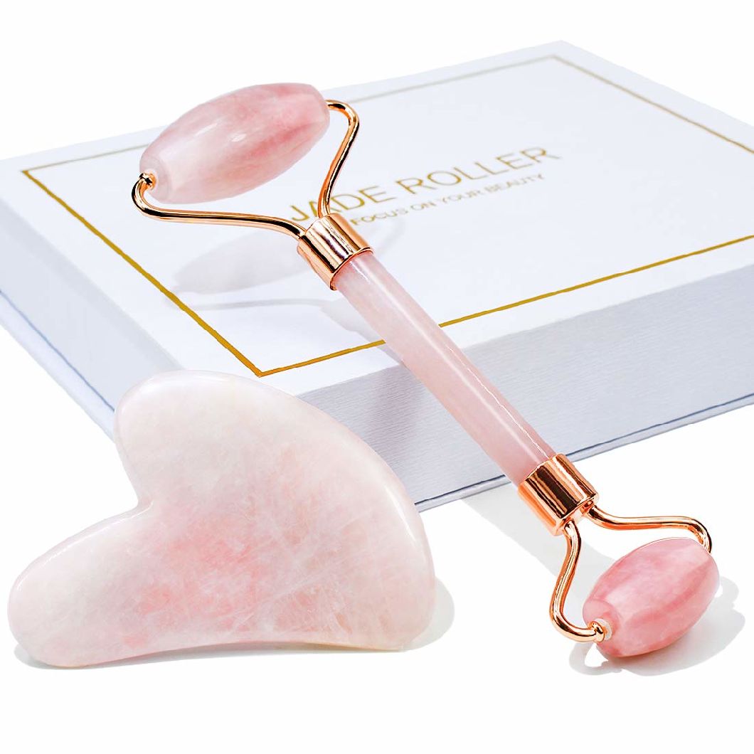 100% Natural Authentic Crystal Face Massager Facial Rose Quartz Roller with Gua Sha for Skin, Eyes, Neck