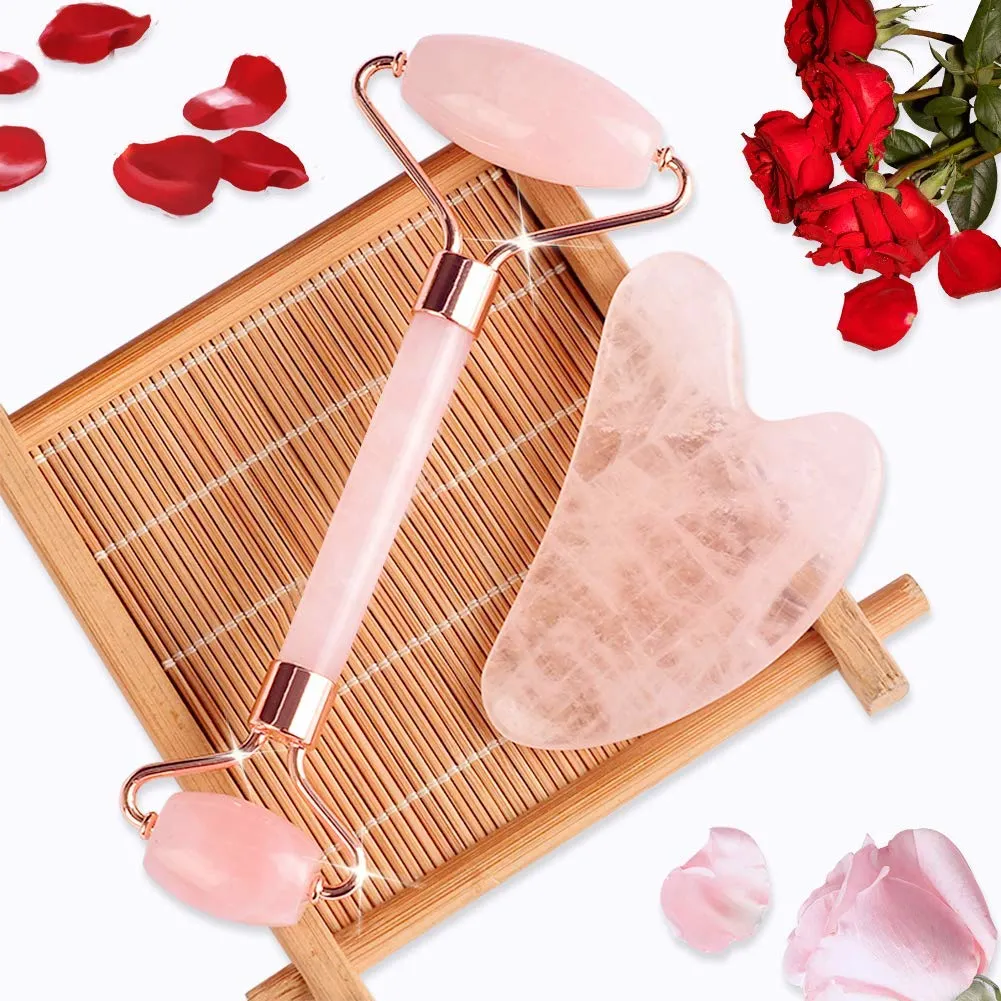 Jade Roller & Gua Sha, Face Roller, Facial Beauty Roller Skin Care Tools, Rose Quartz Massager for Face, Eyes, Neck, Body Muscle Relaxing and Relieve Fine Lines
