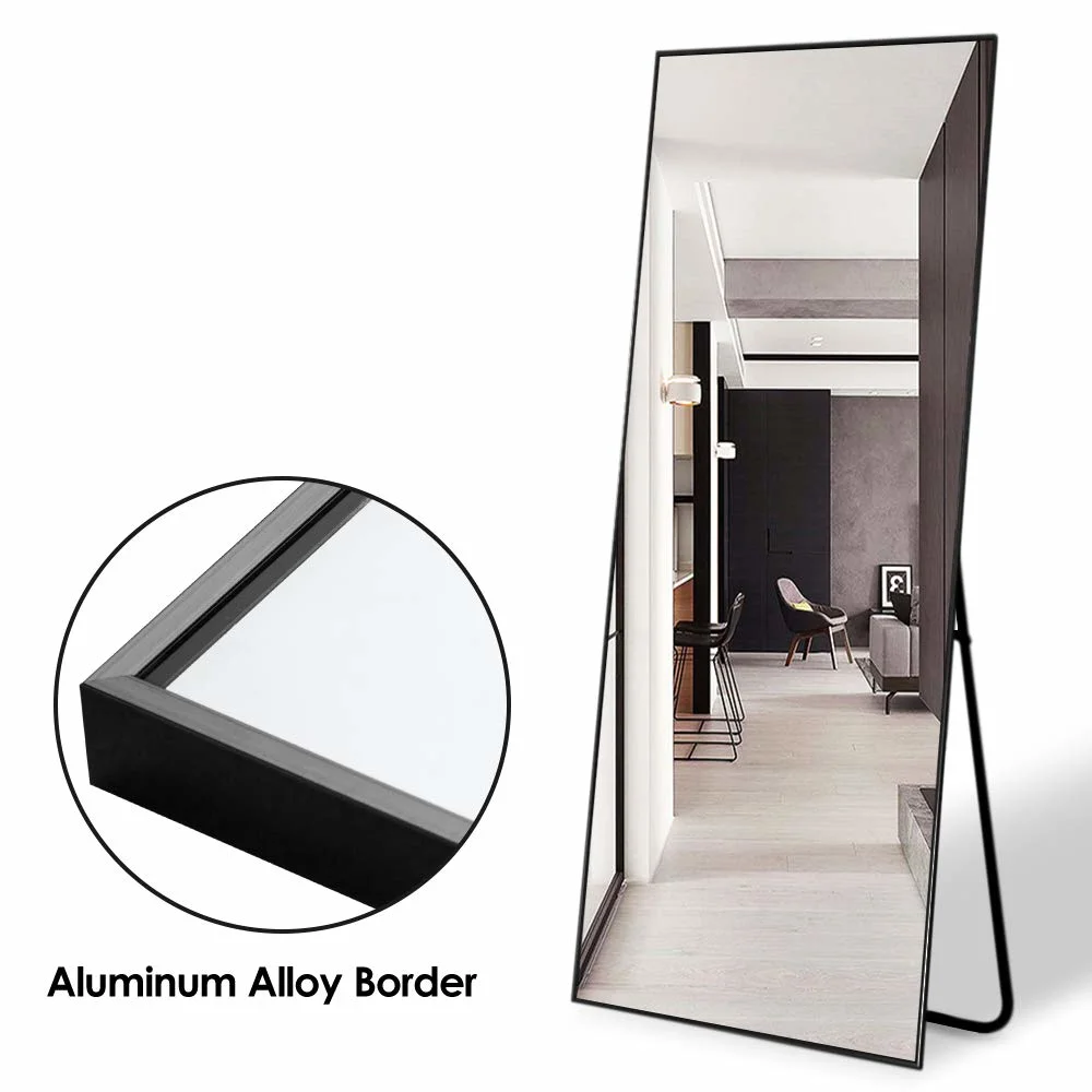 Black Full Length Dressing Mirror Standing Mirror Floor Mirror Full Body Mirror with Wide Beveled Aluminum Frame U-Shape Bracket