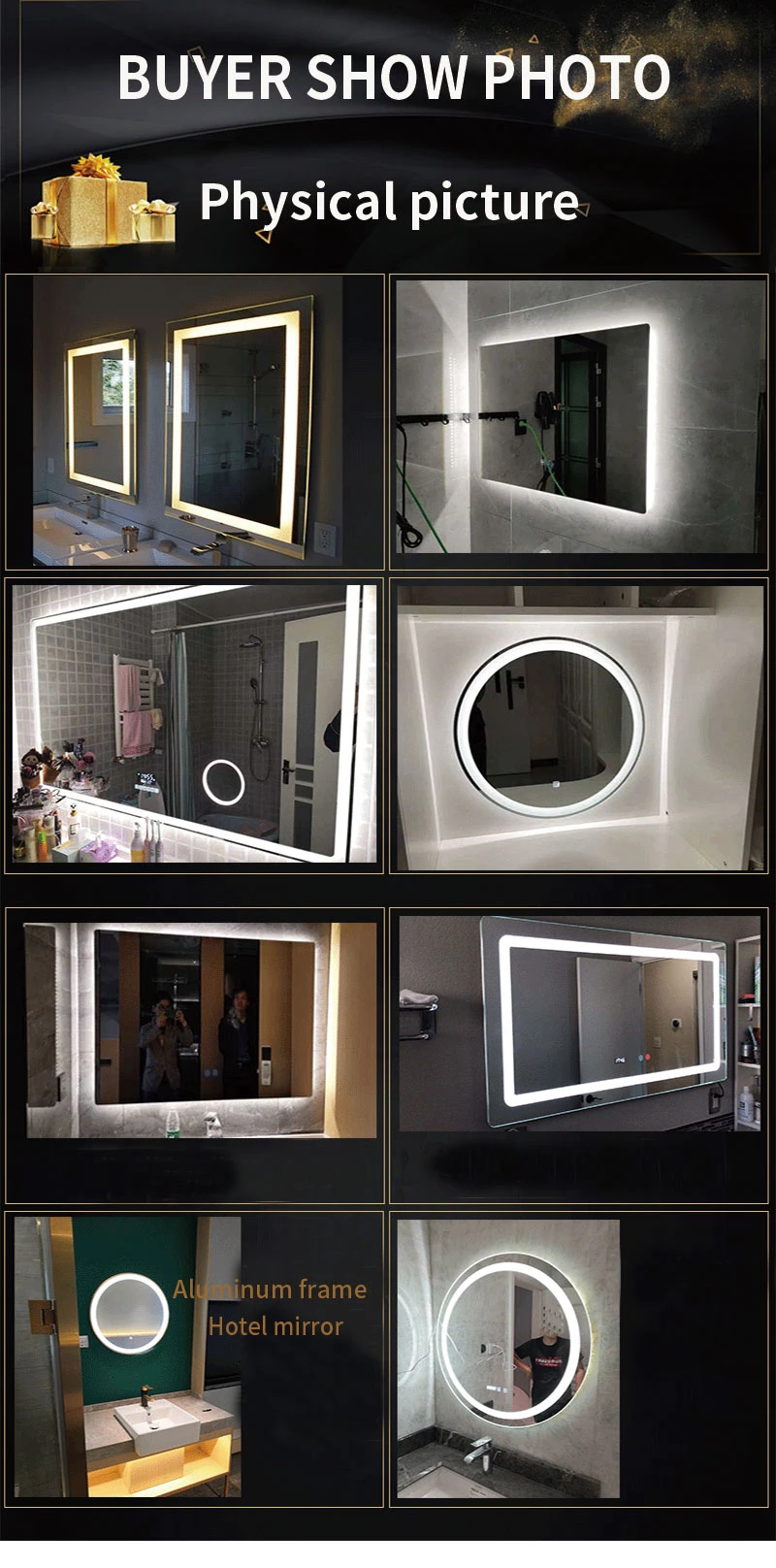 China Factory Luxury Interior Mirror Bathroom LED Mirror Illuminated LED Wall Mirror for Home Hotel Furniture