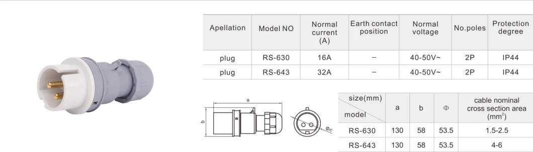 32 AMP 2p Plug Industrial Low Voltage Plug IP44 Industrial Plug