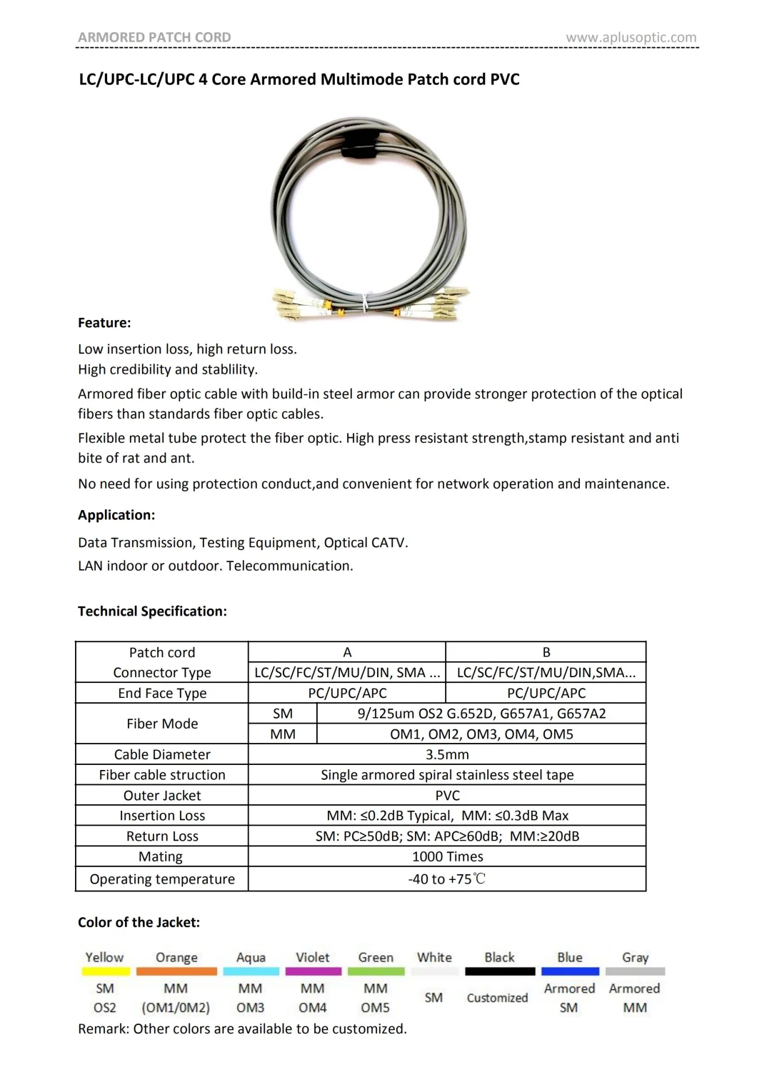 4cores Armored LC/Upc-LC/Upc Optical Fiber Patch Cable PVC