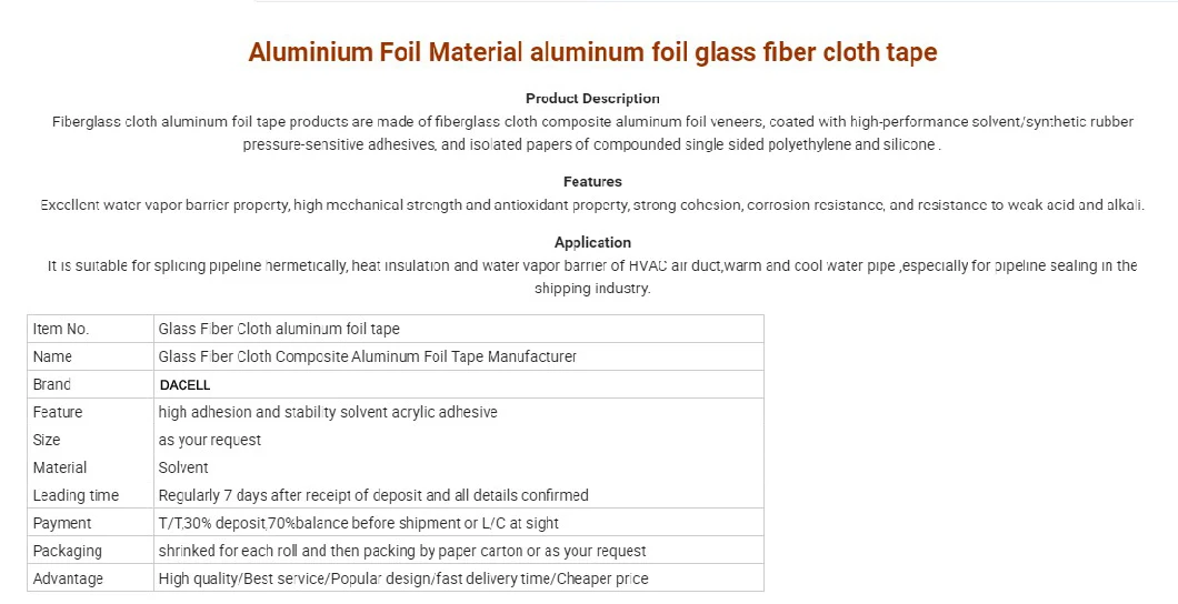 Aluminum Foil Glass Fiber Tape Dacell Factory Activated Adhesive Glass Fiber Insulation Aluminum Foil Tape
