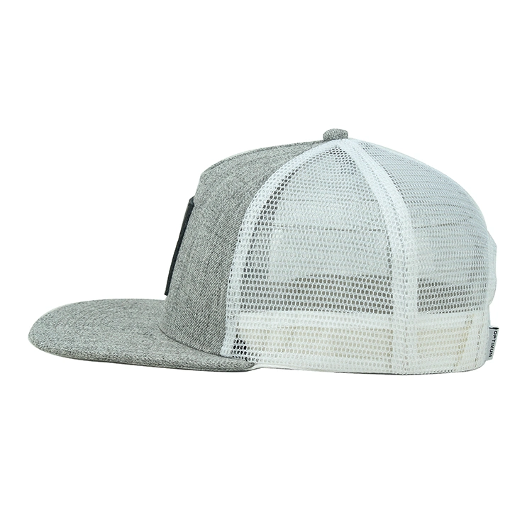 Custom Flat Brim Trucker Mesh Cap with Leather Patch Logo, Acrylic Wool Fabric Mesh Hat