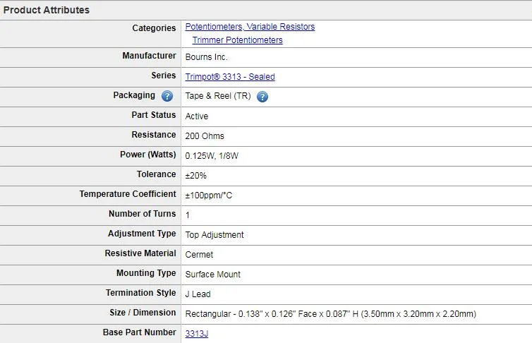Bourns IC Electronic Component J Lead Potentiometer 3313j-1-201e
