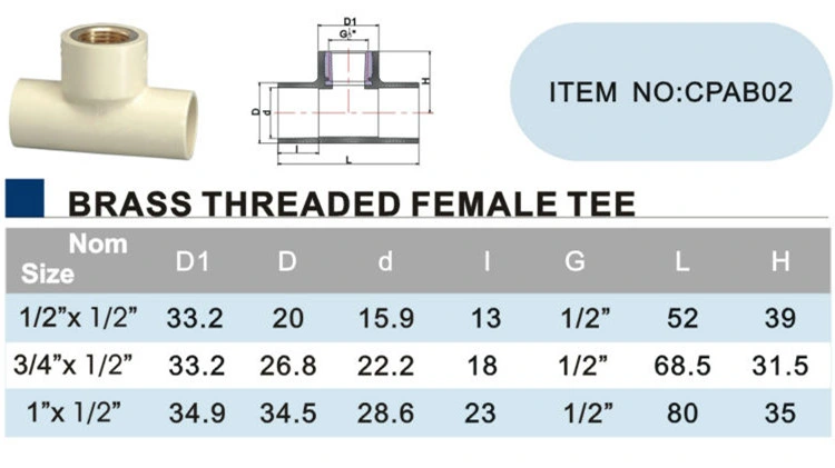 Era CPVC Pipe Fitting Brass Threaded Female Tee Cts (ASTM 2846) NSF-Pw & Upc