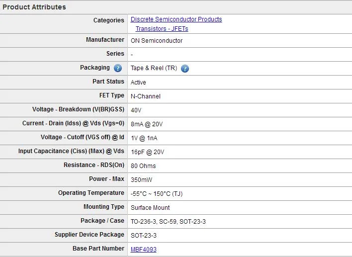 on Semiconductor Electronic Component Jfet IC Sot-23-3 Mmbf4093