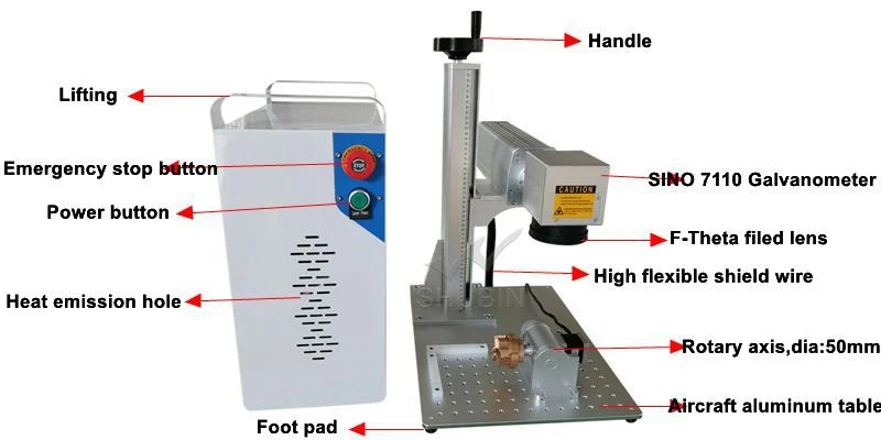 Max Jpt 50W Fiber Laser Marking Machine with Rotary Axis for Stainless Steel Copper Brass Silver