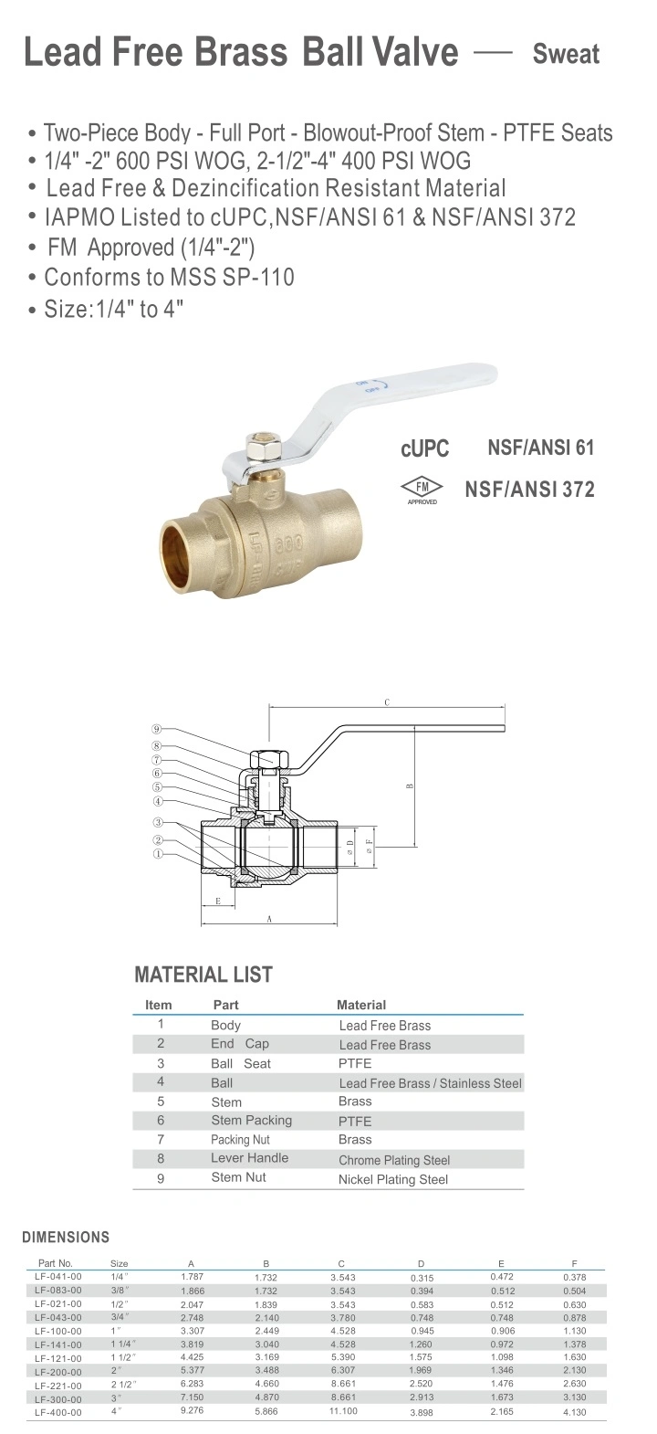 C46500 Lead Free Forged Solder Brass Ball Valves