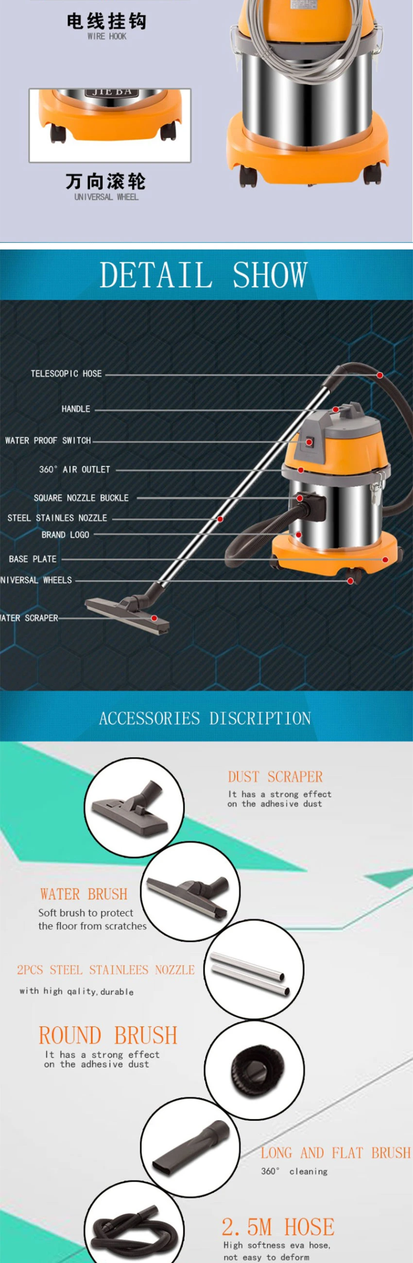 Commercial Wet and Dry Vacuum Cleaner 15L Ss Tank for Home Concrete Carpet Floor Printer Cleaning
