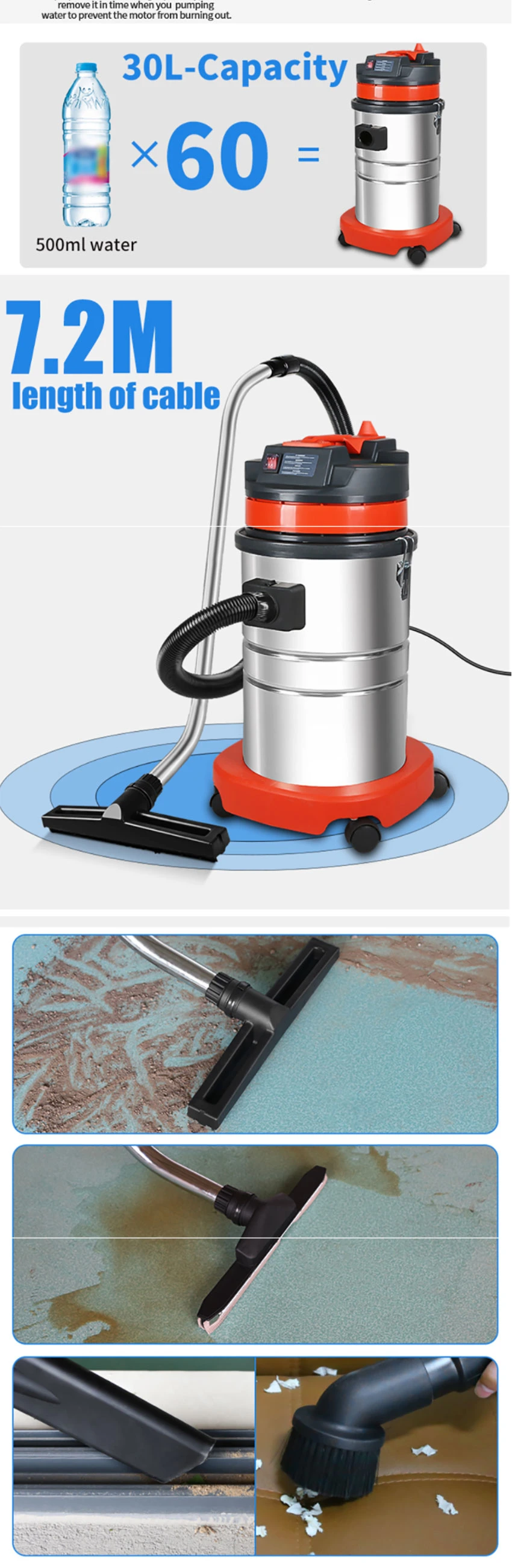 Wet&Dry Vacuum Cleaner, 30L Car Washer and Carpet Cleaning Portable Heavy-Duty Car Vacuum Cleaner with Ss Tank