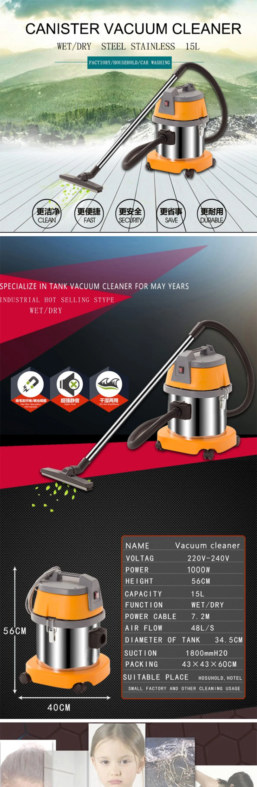 Industrial Vacuum Cleaner Small Powerful Factory Workshop Dry Wet Bucket Type Strong Vacuum Cleaner