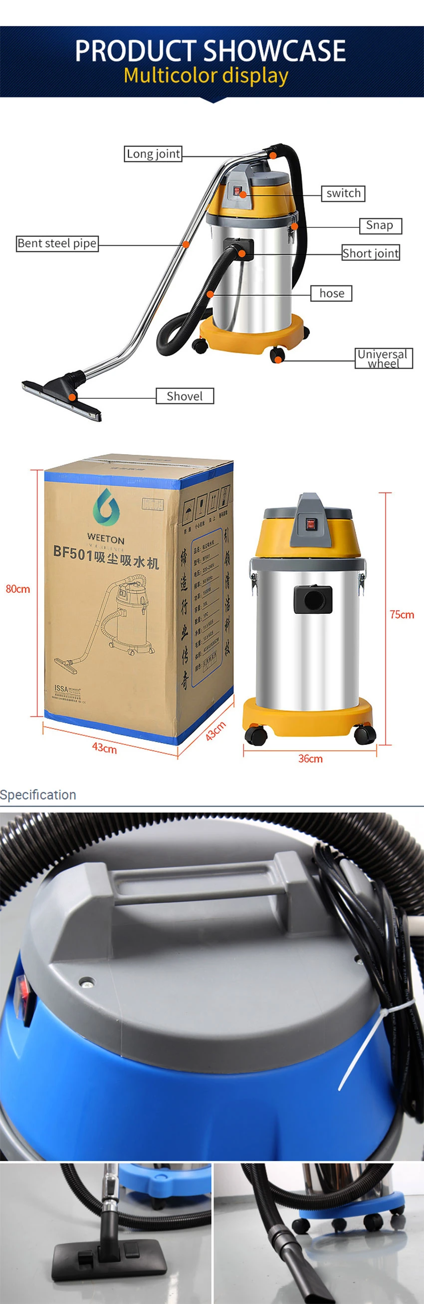 Vacuum Cleaner 30L 1200W Stainless Steel Drum Commercial Industrial Carpet Wet and Dry Blow Vacuum Cleaner