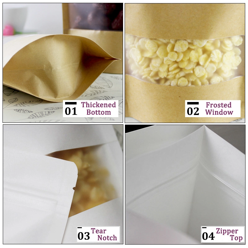 Free Samples Reuseable Standing up Pouches White Brown Kraft Paper Bag with Clear Window