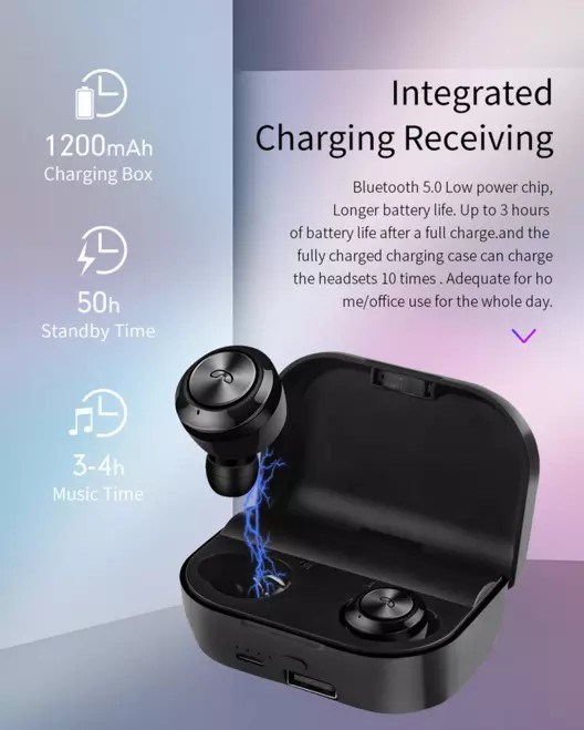 5.0 Bluetooth Earphone Tws Earbuds Sweatproof with 1200mAh Charging Bin