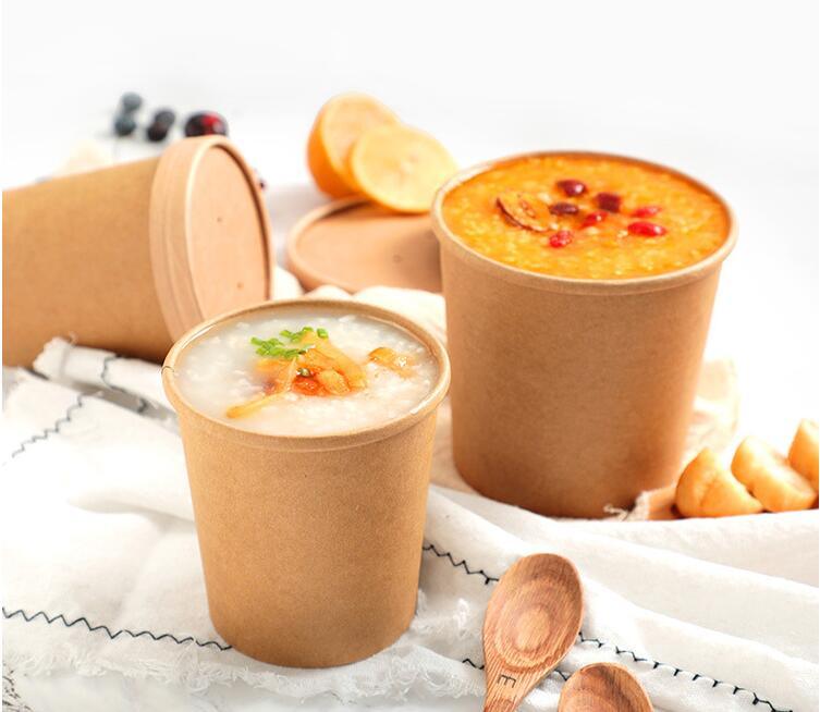 Eco Friendly Compostable Takeaway 8oz 12oz 16oz 26oz 32oz Biodegradable Kraft Paper Disposable Noodle Soup Cup Bowl with Lid