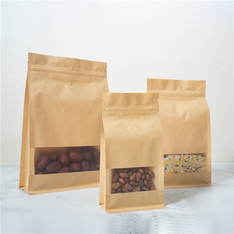 Reusable Food Packing Bag Stand up Pouch Zip Lock Kraft Paper Bags with Window Manufacturer