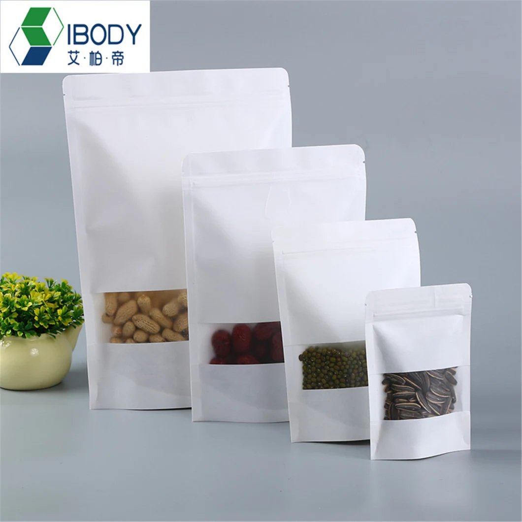Recycle Stand up Pouch Zip Lock Dried Biodegradable Kraft Paper Packaging Bag with Window Kraft Paper Pouch for Food