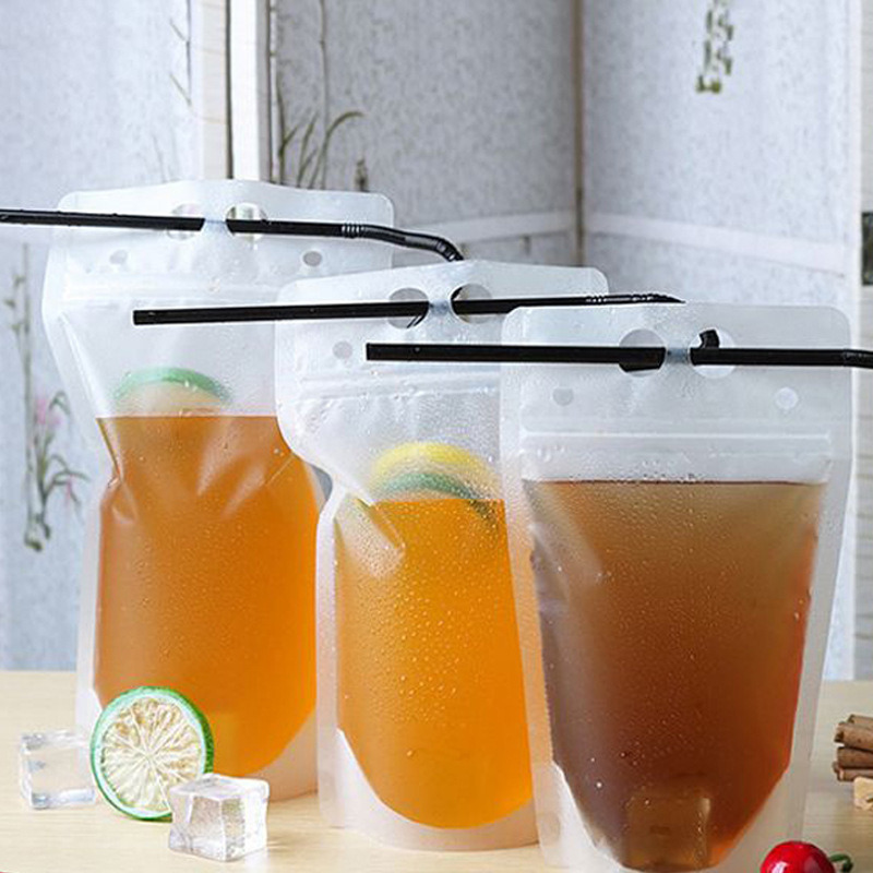 Factory Price Clear Plastic Bag Fresh Juice Package Stand up Plastic Bag with Straw
