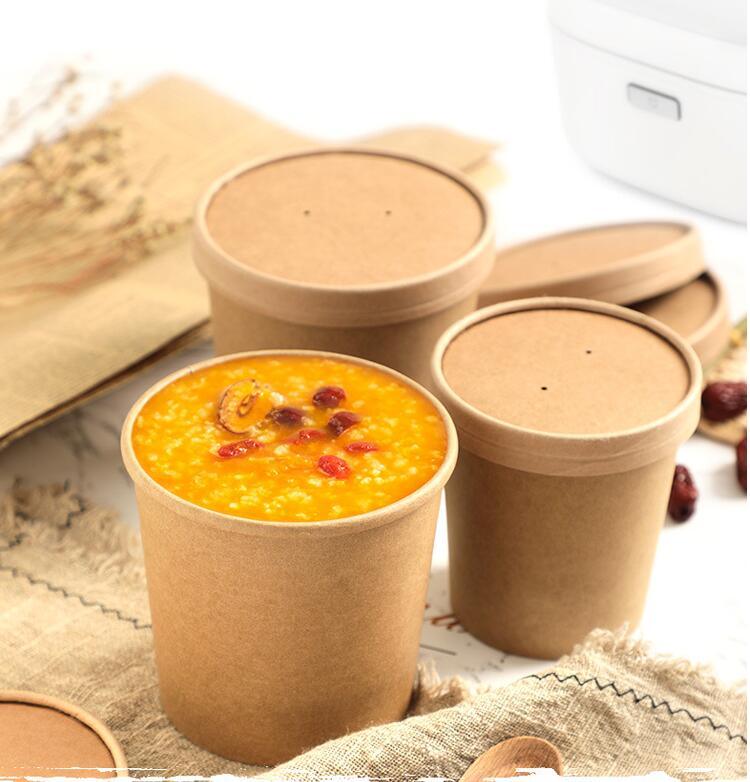 Eco Friendly Compostable Takeaway 8oz 12oz 16oz 26oz 32oz Biodegradable Kraft Paper Disposable Noodle Soup Cup Bowl with Lid